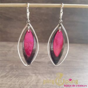 Boucles d&rsquo;oreilles dormeuses gris et rose – bijoux en nacre La petite Sardine  – Made in France