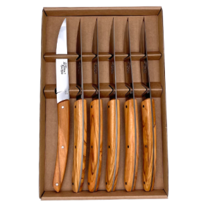 Coffret de 6 Couteaux Le Thiers® lame lisse et manches en bois d’olivier – BJB
