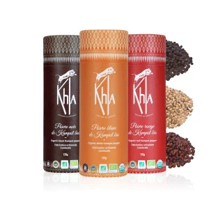 Khla – Coffret 3 Poivres Kampot Bio (Noir, Rouge, Blanc) – 120g