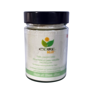 Poudre de bain ou Talc pour bébé et peau sensible (à l’argile blanche) – Pot de 150g en verre