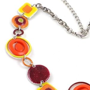 Collier métal et émail ronds et carrés jaune, orange et bordeaux