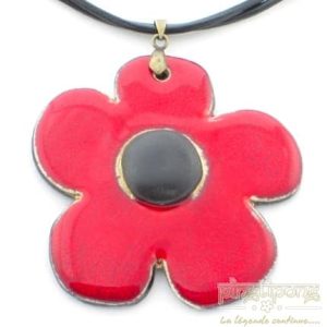 Collier fleur de créateur, céramique émaillée rouge et noir