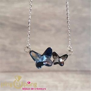 Collier 2 papillons en cristal de SPARK bleu topaze et gris et argent 925.