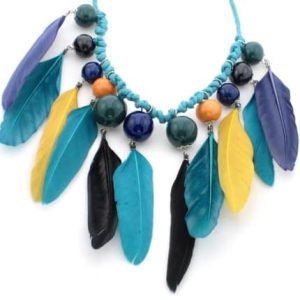 Collier perles et plumes harmonie bleu vert jaune